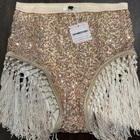 NWT EastnWest Label Verona Top & Vienna Bottom in Nude Small Fringe Sequin Set - Picture 3 of 7